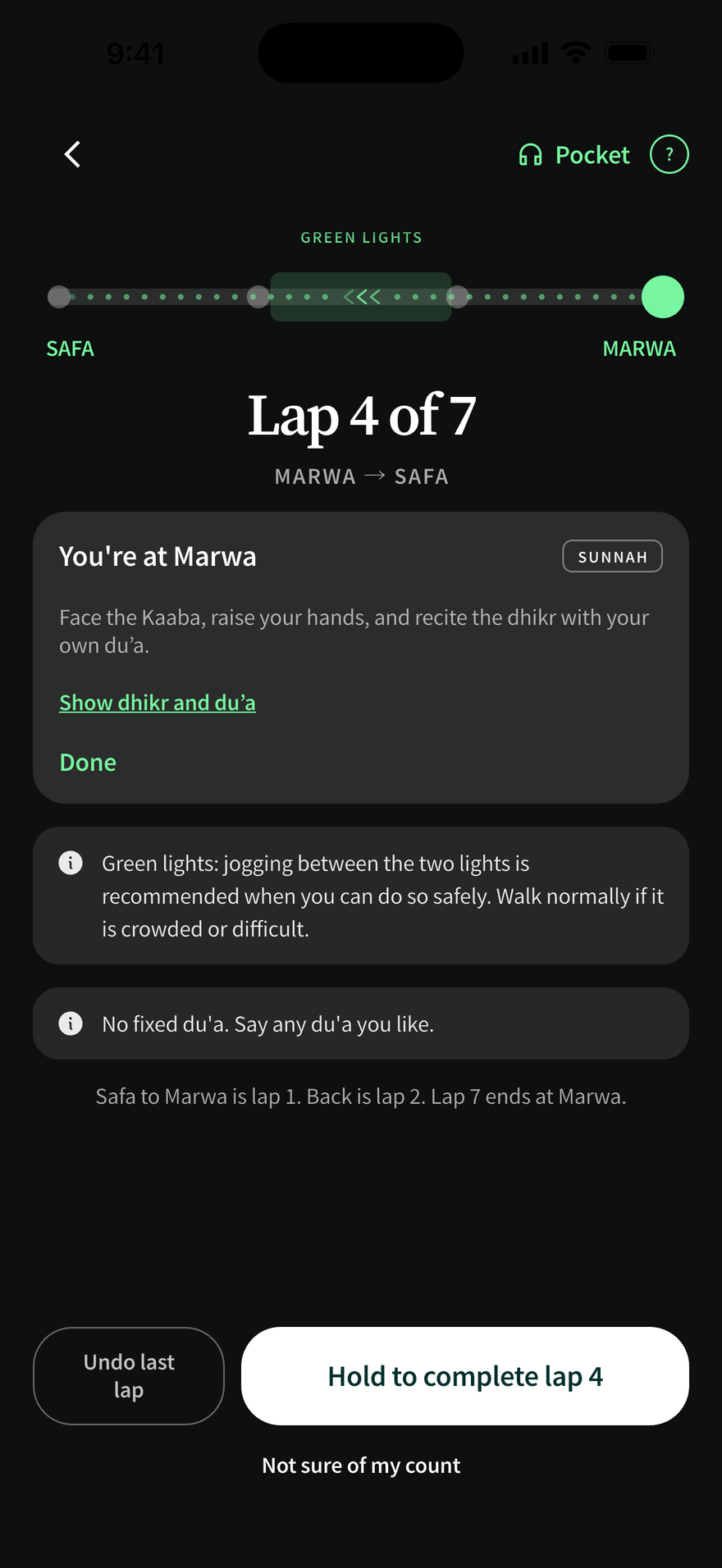 Murshid app showing the Sa'i counter at Lap 4 of 7, Marwa to Safa, beneath a Safa to Marwa track with the green lights stretch marked.