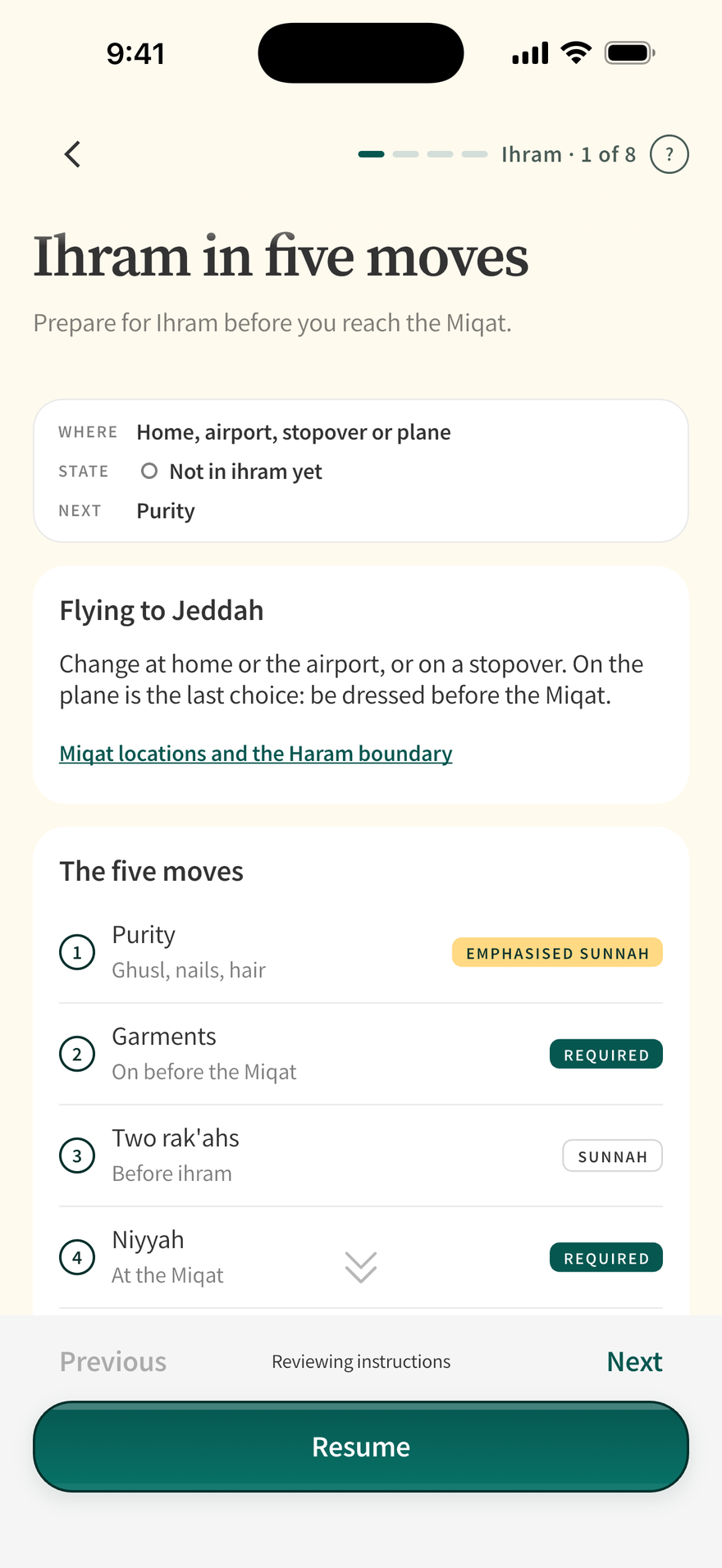 Murshid’s Ihram overview: Ihram in five moves, preparation before the Miqat, and a list beginning with Purity, Garments, Two rak’ahs and Niyyah.
